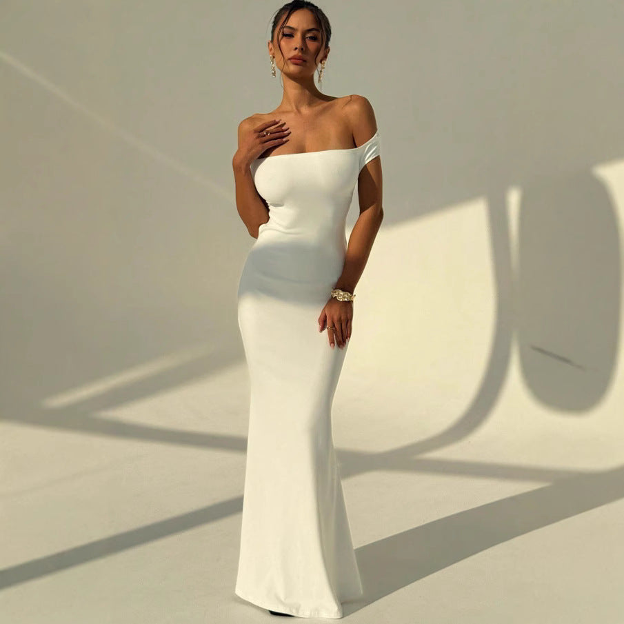 Off-the-Shoulder Backless Dress Waist-Cinching Long