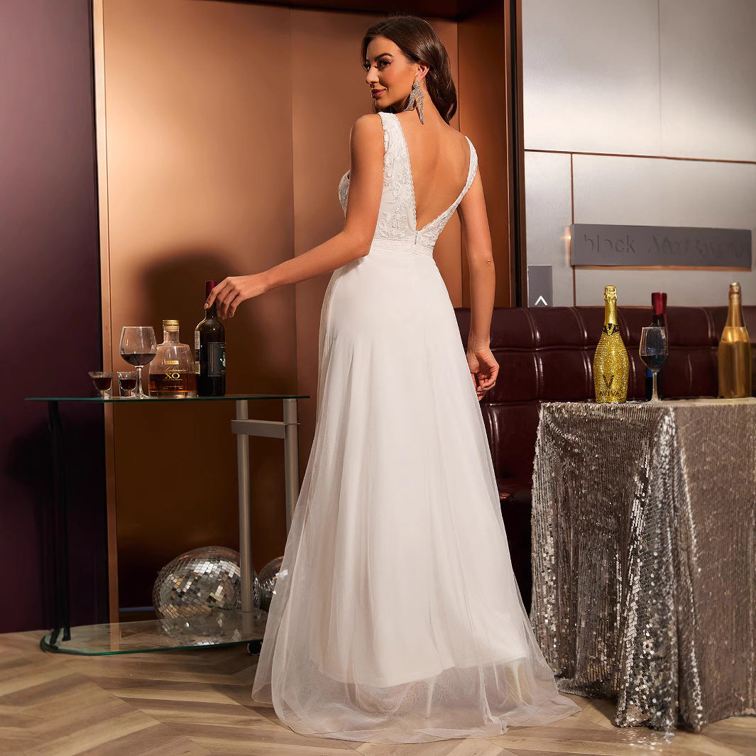 Princess White V-collar Wedding Gauze Lace Dress