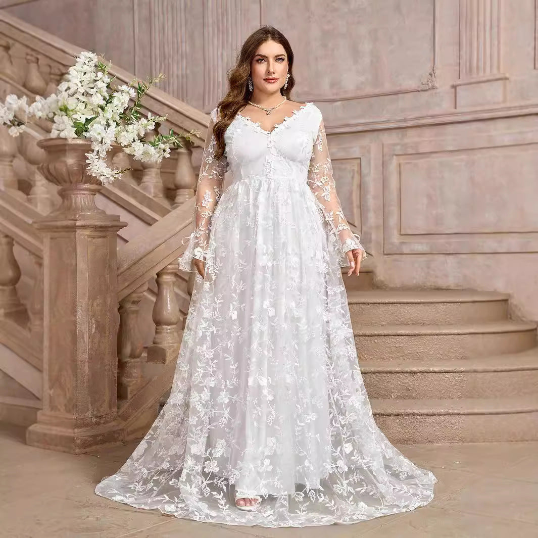 White V-Neck Wedding Bridal Gown Formal Dress