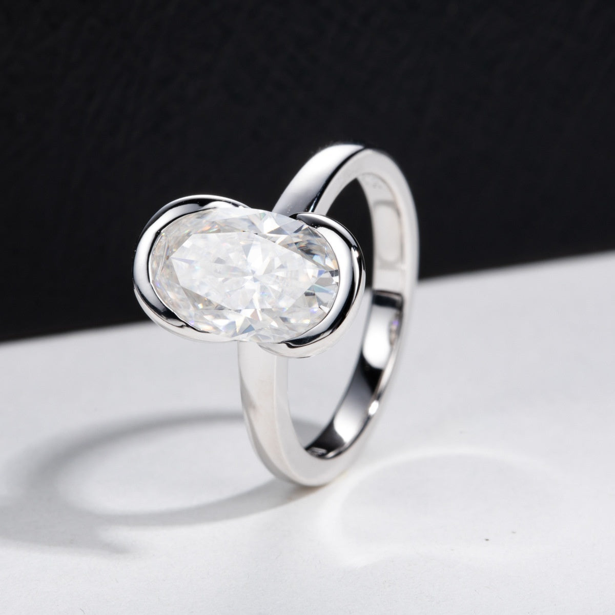 Silver Oval Semi  mount Ring With A 3  carat Fancy shaped Moissanite For Women