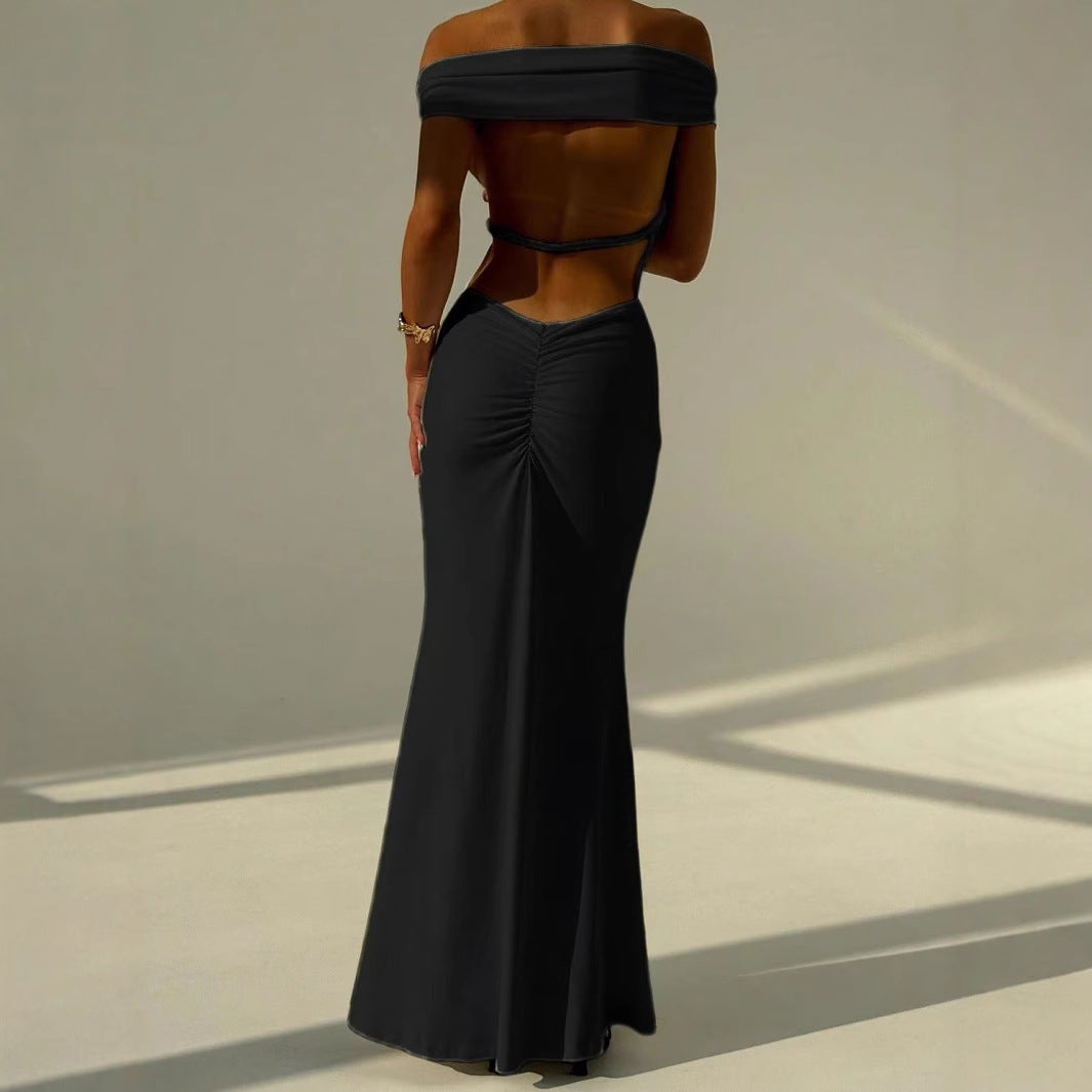 Off-the-Shoulder Backless Dress Waist-Cinching Long