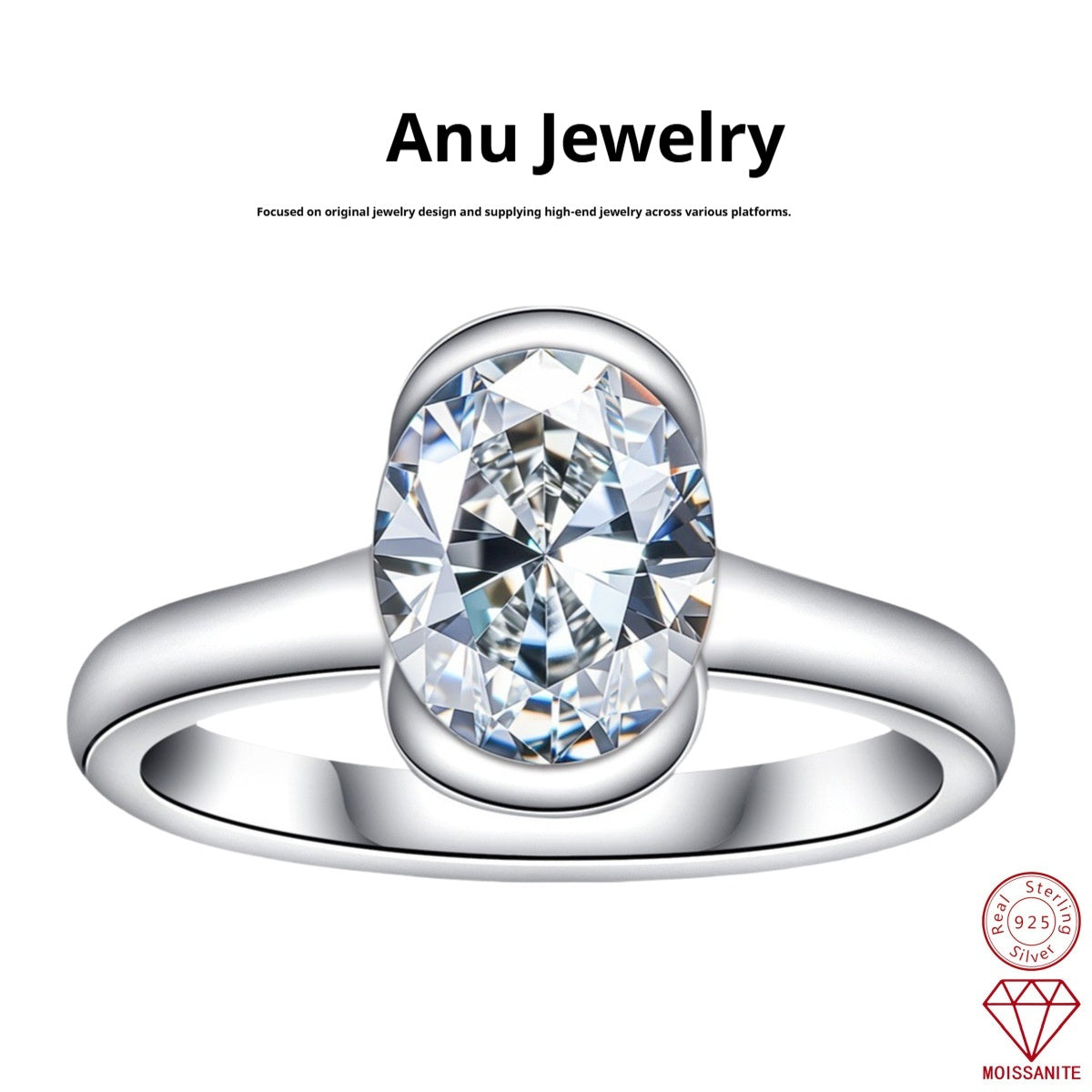 Silver Oval Semi  mount Ring With A 3  carat Fancy shaped Moissanite For Women