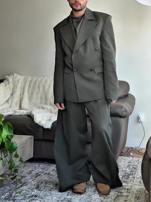Olive Green Oversized Three-Piece Suit With Blazer, Waistcoat And Wide-Leg Pants