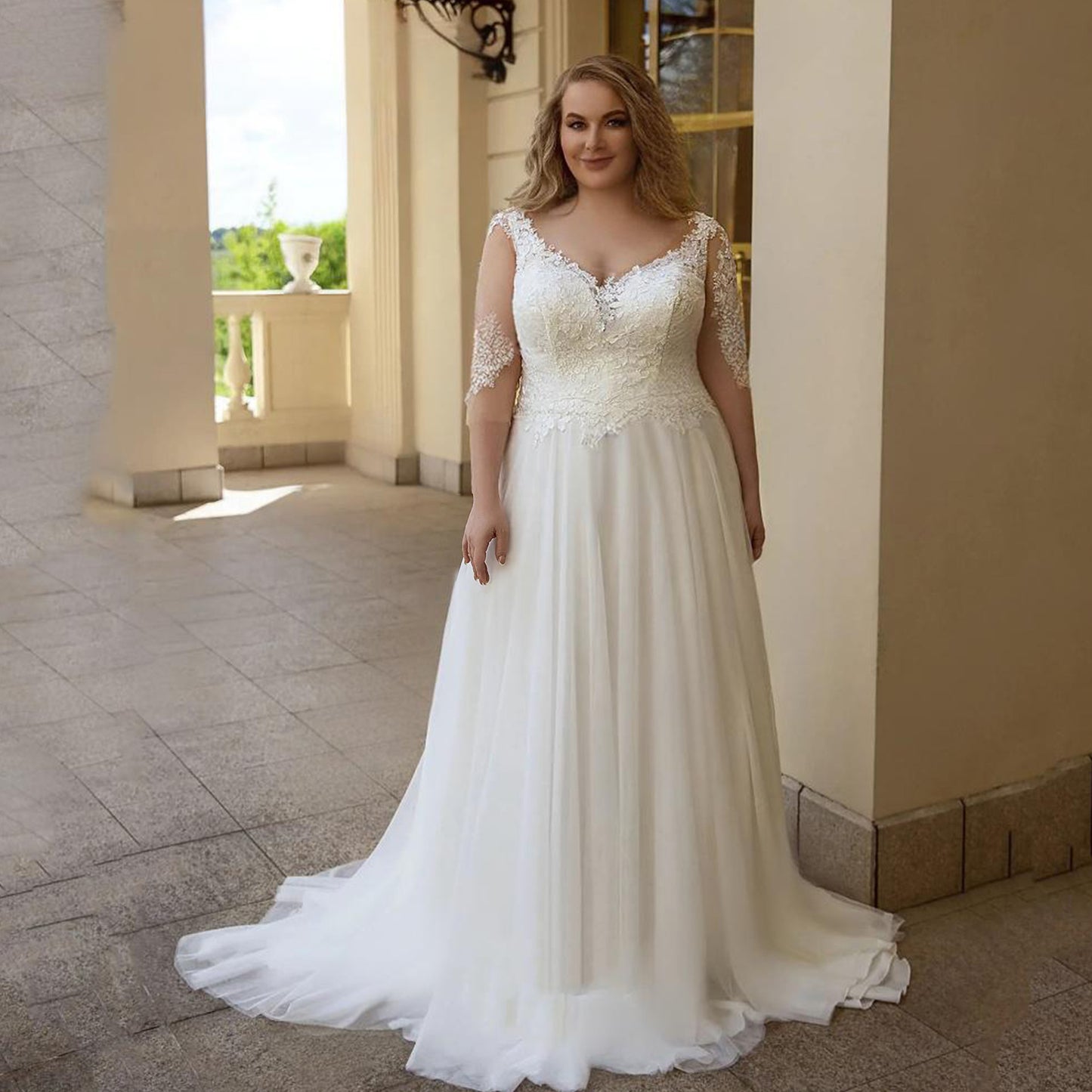 Plus Size Wedding Dress Fashion V-neck Lace Puffy Gown
