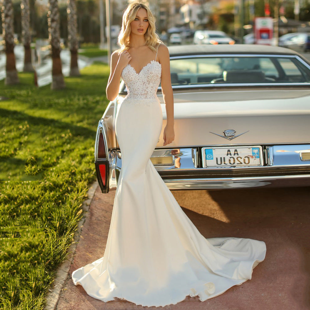 White Simple Trip Shoot Fishtail Bridal Tube Top Wedding Dress