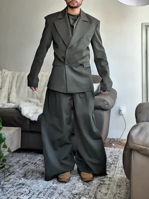 Olive Green Oversized Three-Piece Suit With Blazer, Waistcoat And Wide-Leg Pants