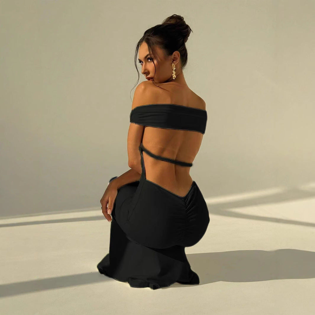 Off-the-Shoulder Backless Dress Waist-Cinching Long