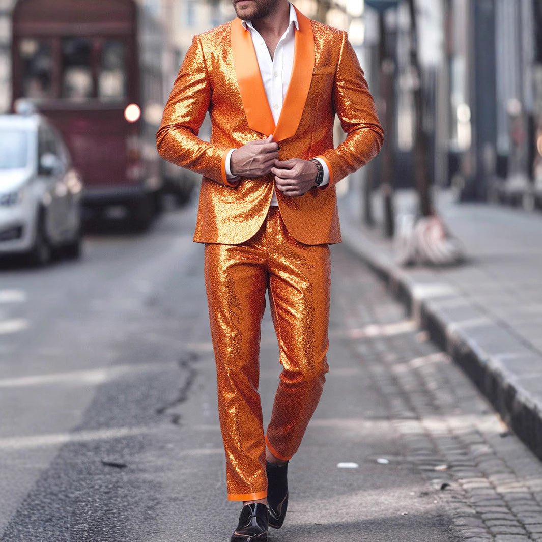 Men's New Foreign Trade Orange Banquet Stage Two-piece Suit