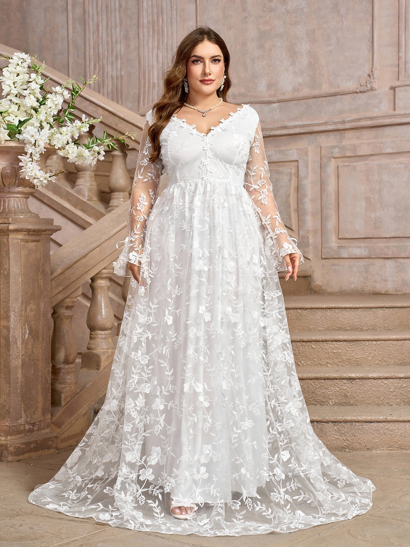 White V-Neck Wedding Bridal Gown Formal Dress